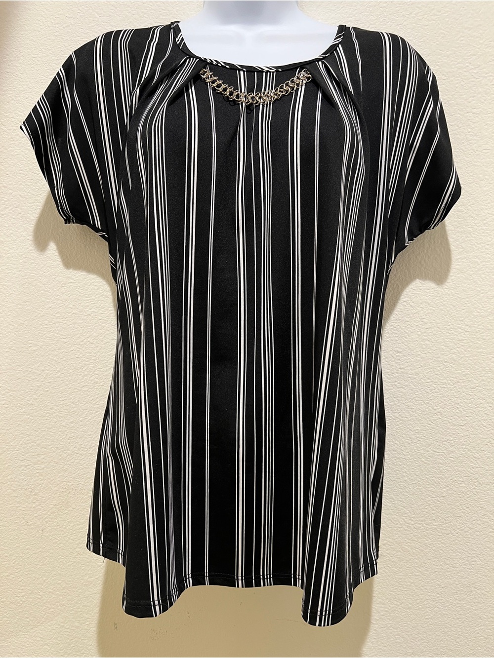 Notations Black and White Vertical Stripe Short Sleeve Top with Chain